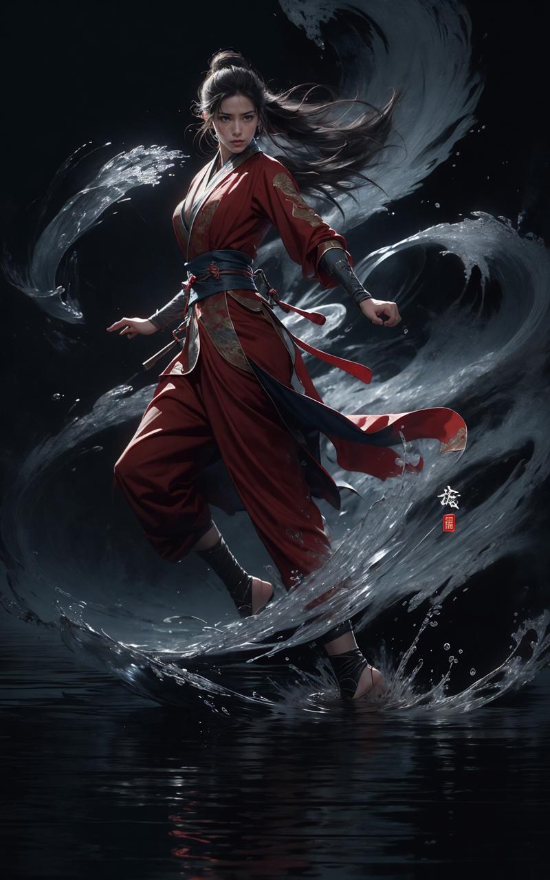 606247209521969547-1641142415-martial, 1girl, solo, simple background, outstretched arm，Jumping，(Red hanfu dress_1.4)，_ustration style, Chinese martial arts w.jpg